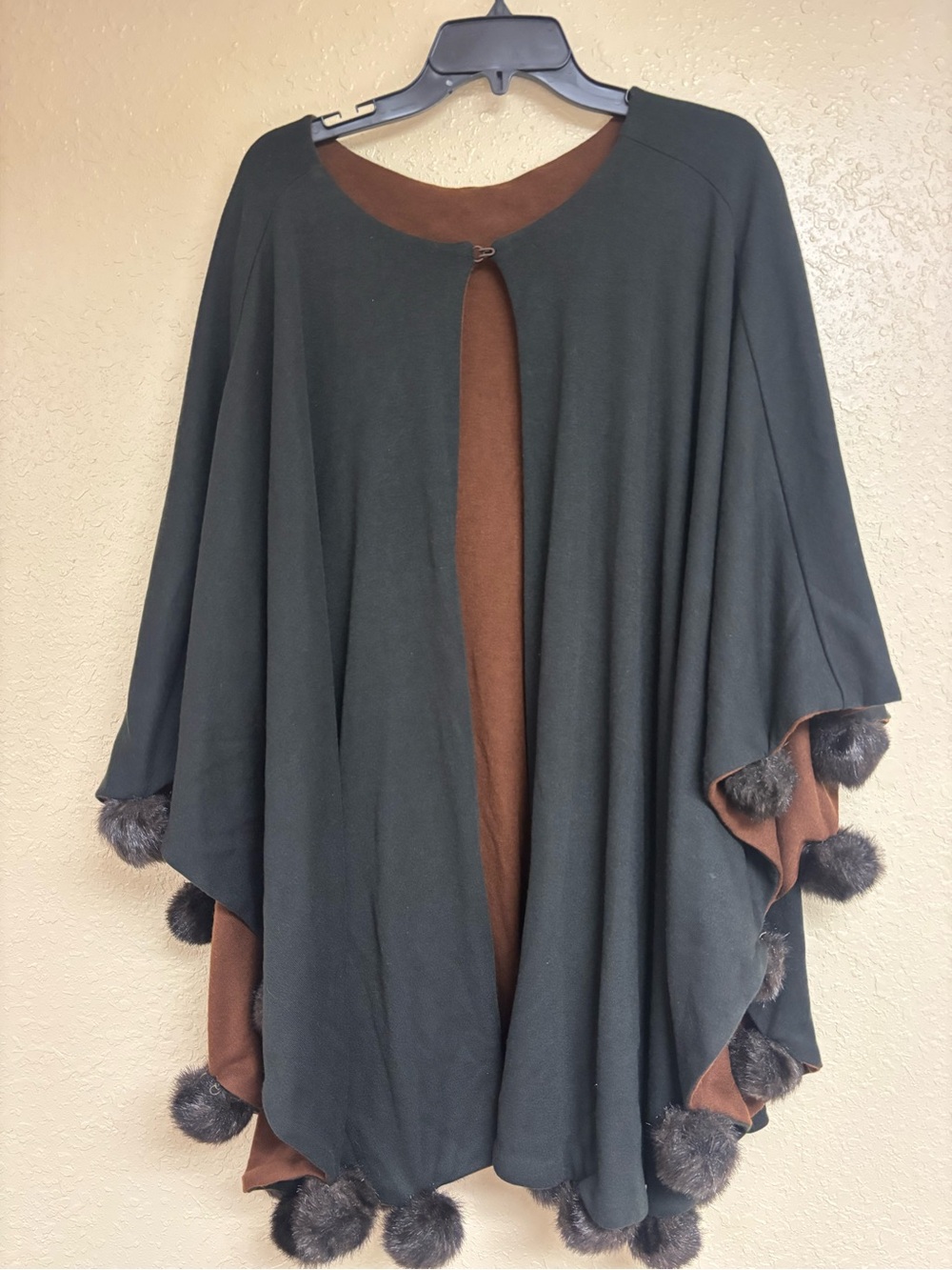Black and Brown Pom-Pom Trim Women's Cape Sweater